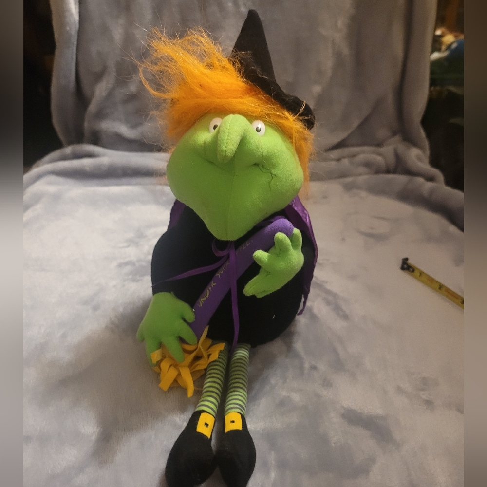 Vintage Green Witch Plush Toy with Orange Hair